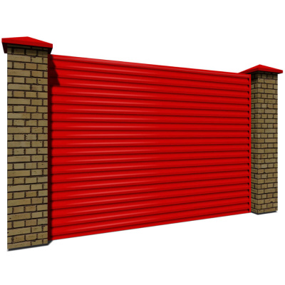 Секция забора жалюзи из ламелей еврожалюзи RAL3020 Красный с кирпичными столбами